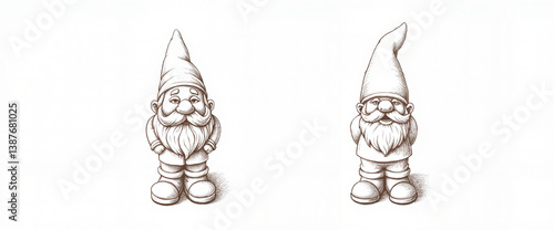 Detailed ceramic garden gnome illustration, whimsical vintage charm