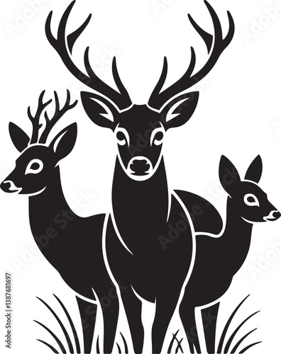 Graphic Silhouette Vector Black of wild, male, female, and roe deer . with white background