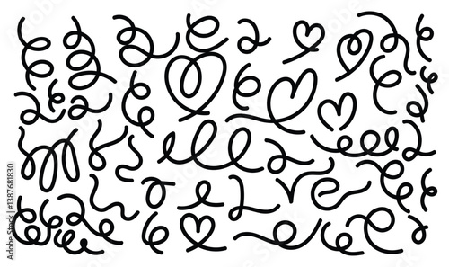 Hand-drawn doodle heart elements with swirls and lines in vector format. Perfect for romantic cards, love-themed decorations, and whimsical design projects or illustrations.