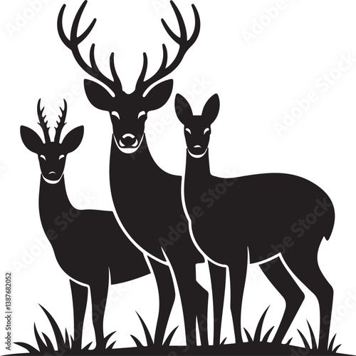 Graphic Silhouette Vector Black of wild, male, female, and roe deer . with white background