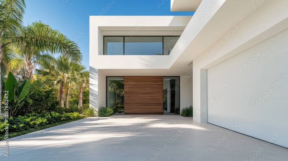 An elegant contemporary entrance to a home highlights natural wooden features against a bright facade, enhancing the modern architecture and inviting bright sunlight inside. An elegant contemporary entrance to a home highlights natural wooden features against a bright facade, enhancing the modern architecture and inviting bright sunlight inside.