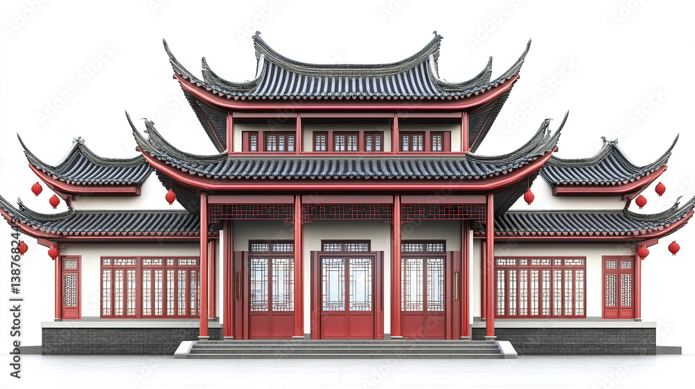 Obraz premium Traditional Chinese architecture with red and black details on white background