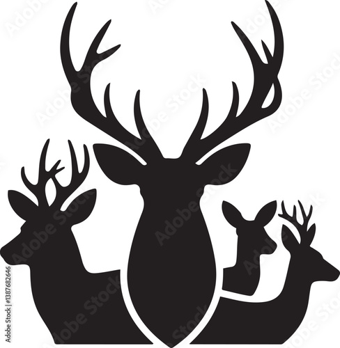 Graphic Silhouette Vector Black of wild, male, female, and roe deer . with white background