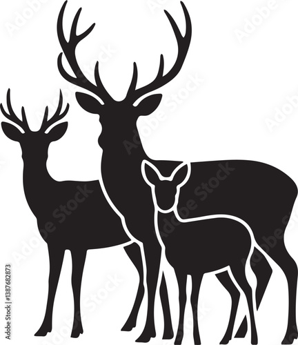 Graphic Silhouette Vector Black of wild, male, female, and roe deer . with white background