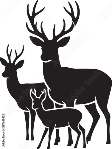 Graphic Silhouette Vector Black of wild, male, female, and roe deer . with white background