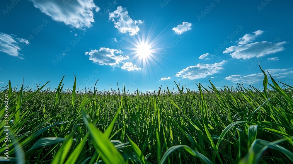Fototapeta premium Expansive grassy field with a low horizon and bright sun shining through a sky filled with clouds