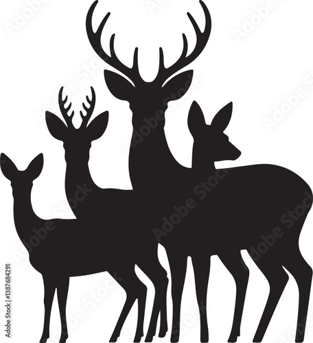Graphic Silhouette Vector Black of wild, male, female, and roe deer . with white background