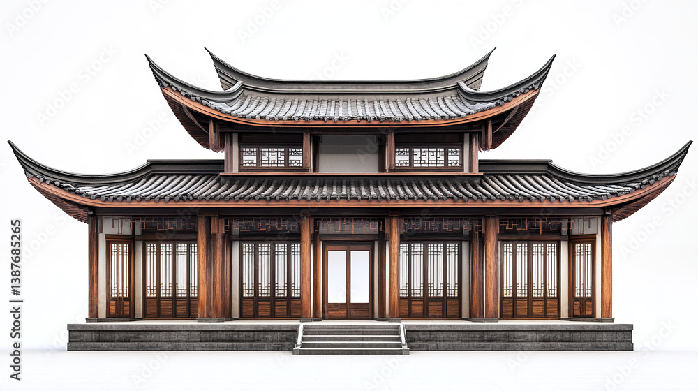 Obraz premium Traditional Chinese house with curved roof and wooden details on white background