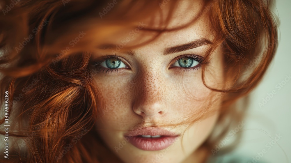 This mesmerizing close-up captures a model with striking freckles and flowing red hair, her enchanting gaze evoking a sense of mystery and allure in soft natural light.
