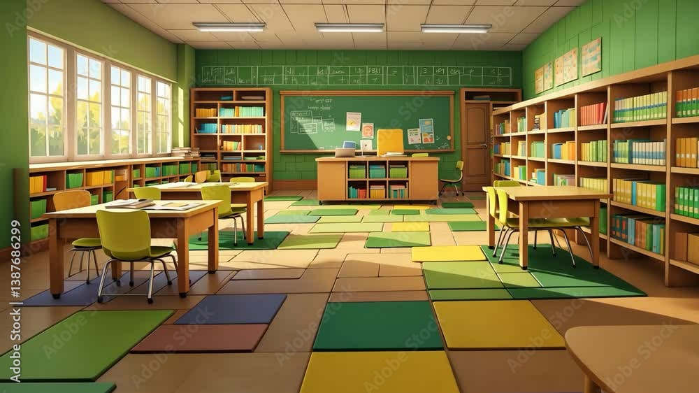 Brightly Lit Classroom Displaying Desks, a Chalkboard, and Shelves Filled with Books Brightly Lit Classroom Displaying Desks, a Chalkboard, and Shelves Filled with Books
