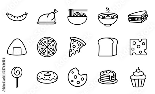 food icons set includes pizza, bread, sandwich, donut, and more. Fast food vector illustrations.