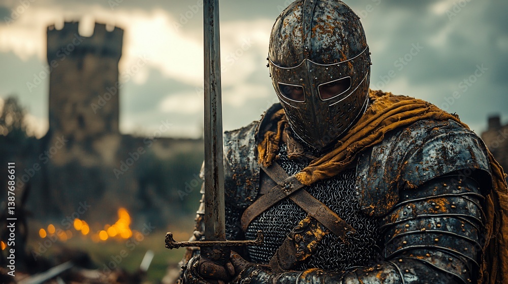 Fototapeta premium Knight with Sword in Battlefield