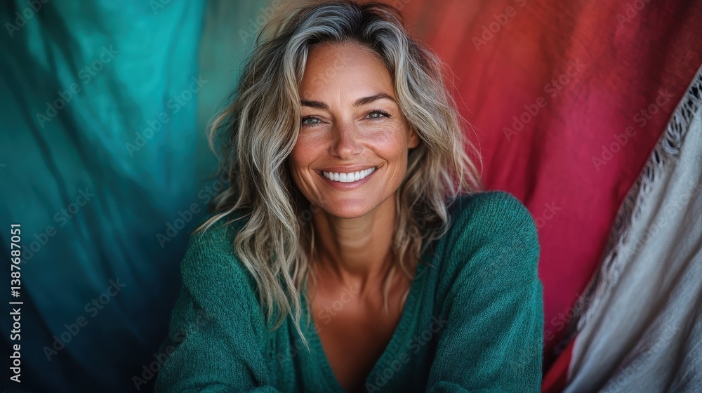 A vibrant portrait of a smiling woman radiates positivity against a colorful textured background, showcasing joy and confidence in a playful and inviting manner.