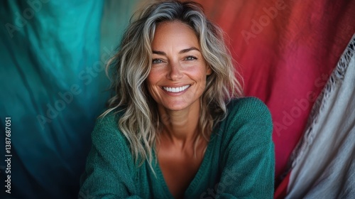 Obraz na płótnie A vibrant portrait of a smiling woman radiates positivity against a colorful textured background, showcasing joy and confidence in a playful and inviting manner. w salonie