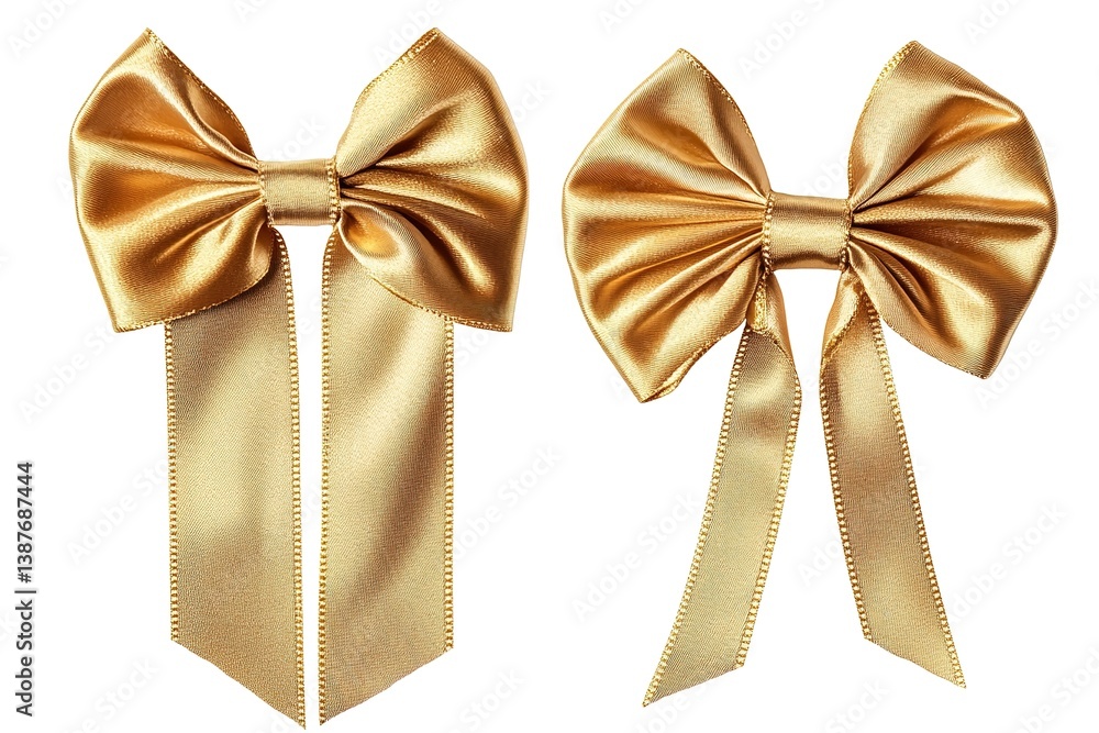 Two Elegant Gold Ribbon Bows Isolated on White Background | Decorative, Shiny, Festive Two Elegant Gold Ribbon Bows Isolated on White Background | Decorative, Shiny, Festive