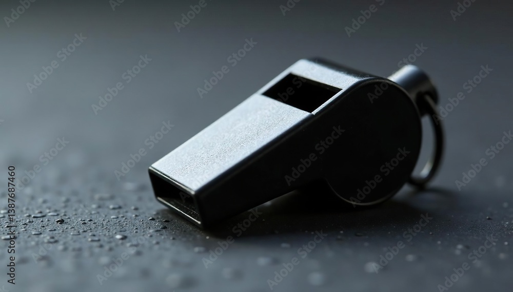 Black plastic whistle, textured surface, side view, official, plastic, black Black plastic whistle, textured surface, side view, official, plastic, black
