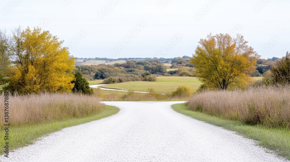 Fototapeta premium A scenic country road winds through a fall landscape. Golden trees line the edges of a gravel road, leading to a distant horizon of rolling hills and fields. Gentle autumn colors
