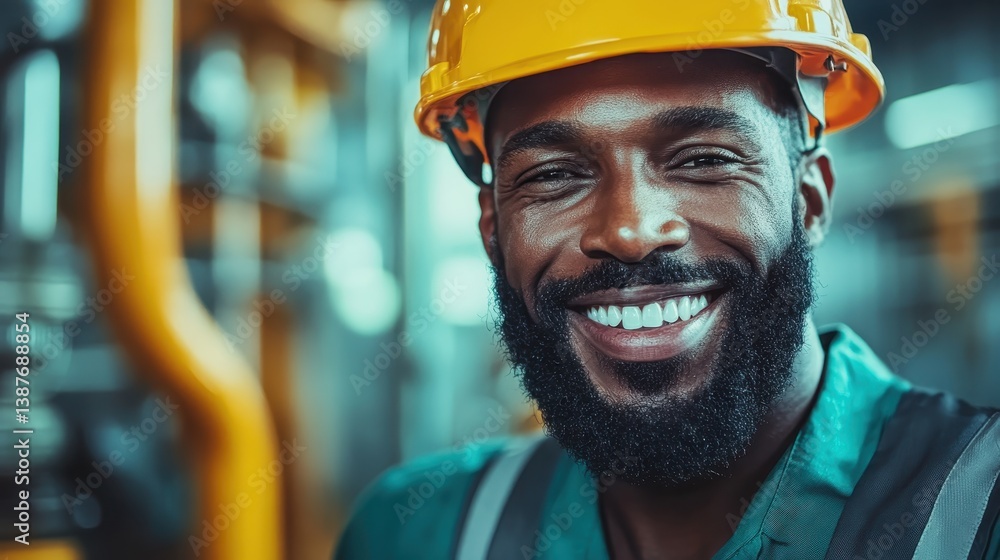 A joyful construction worker wearing a yellow hard hat, showcasing a bright smile in an industrial environment, representing positivity and dedication in the work they do. A joyful construction worker wearing a yellow hard hat, showcasing a bright smile in an industrial environment, representing positivity and dedication in the work they do.