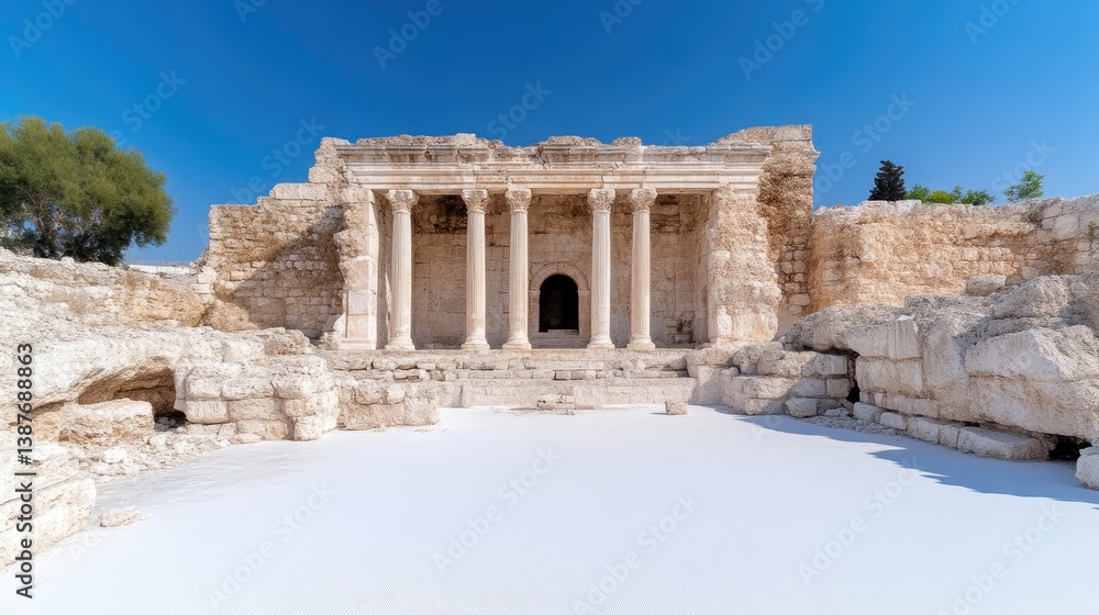 Fototapeta premium Ancient ruins, temple facade, bathed in sunlight