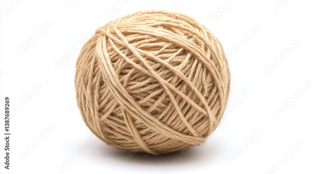 A perfectly round ball of light beige yarn isolated on a white background. A perfectly round ball of light beige yarn isolated on a white background.