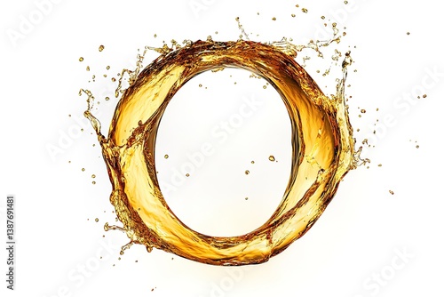 Golden Liquid Ring Splashing, Flowing Motion, Circular, Isolated on White, Refreshing