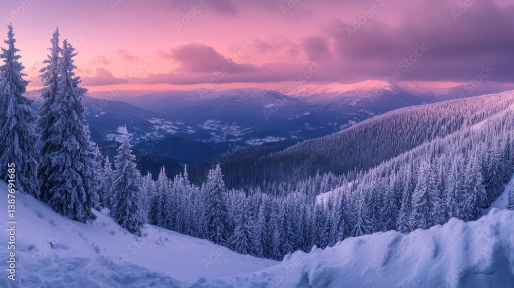 Snowy mountain peaks at vibrant sunset Snowy mountain peaks at vibrant sunset