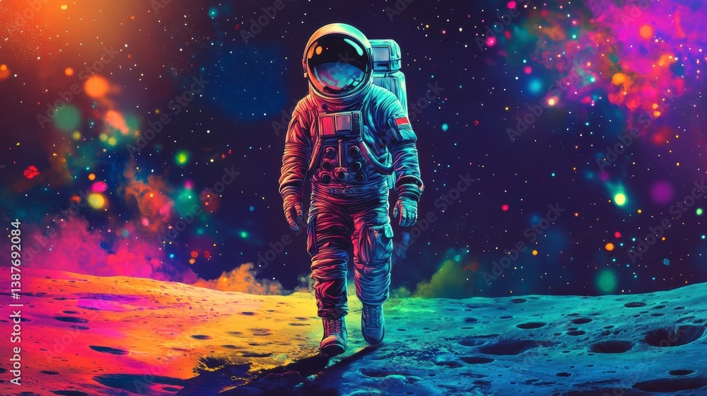 Obraz premium Astronaut walking on a vibrant, colorful alien planet surface under a starry night sky. (1)