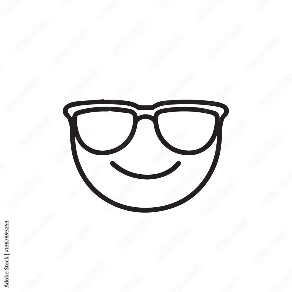Smiling face wears sunglasses simple outline on white background Smiling face wears sunglasses simple outline on white background