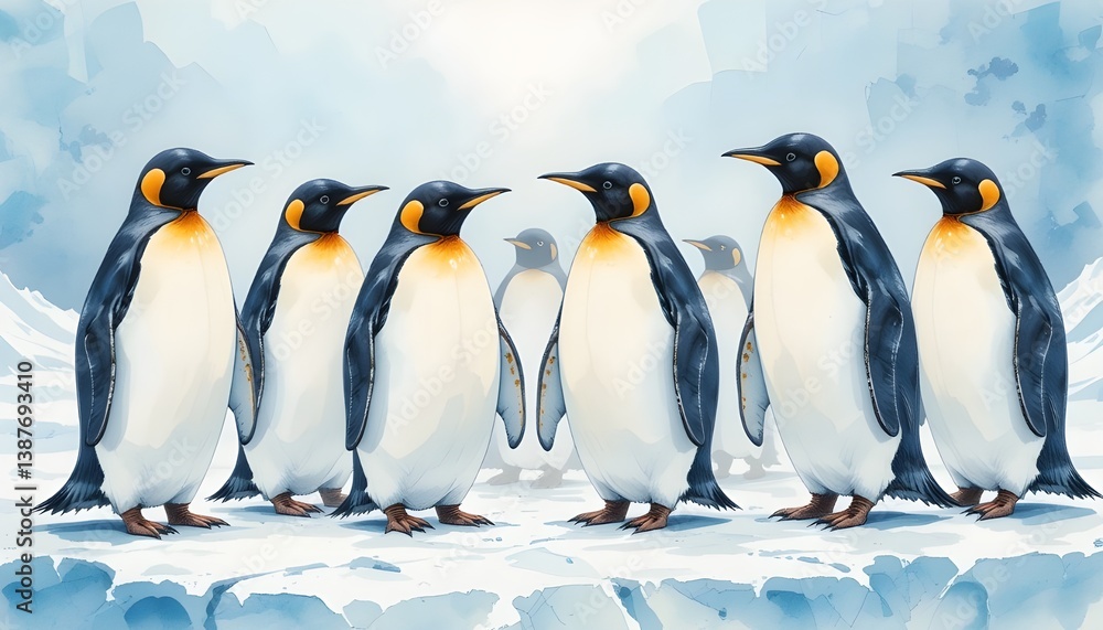 Fototapeta premium A group of penguins standing on ice, with a snowy background. Watercolor painting