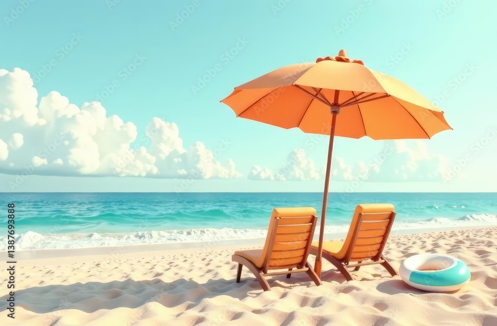 Beach umbrella with chairs, inflatable ring on beach sand. Summer vacation concept Beach umbrella with chairs, inflatable ring on beach sand. Summer vacation concept