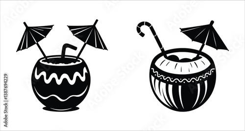 Summer coconut drink icons vector design. Coconut drink icons with straw and umbrella vector art. Summer coconut drink with straw and umbrella silhouettes