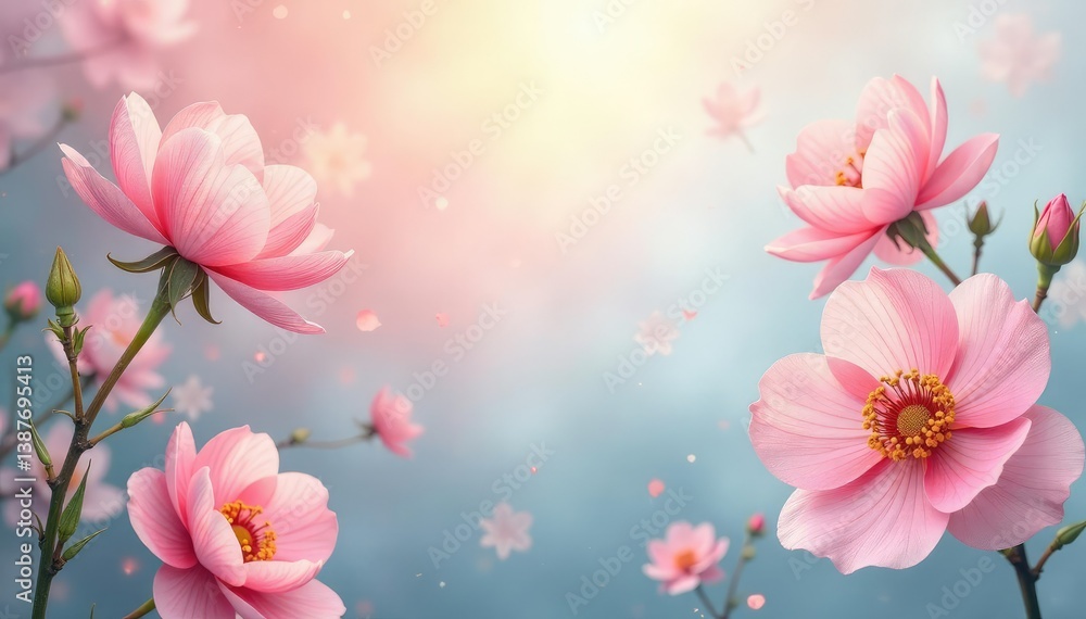 Naklejka premium Delicate floral tapestry, pastel hues, soft focus, embroidery, texture, needlepoint