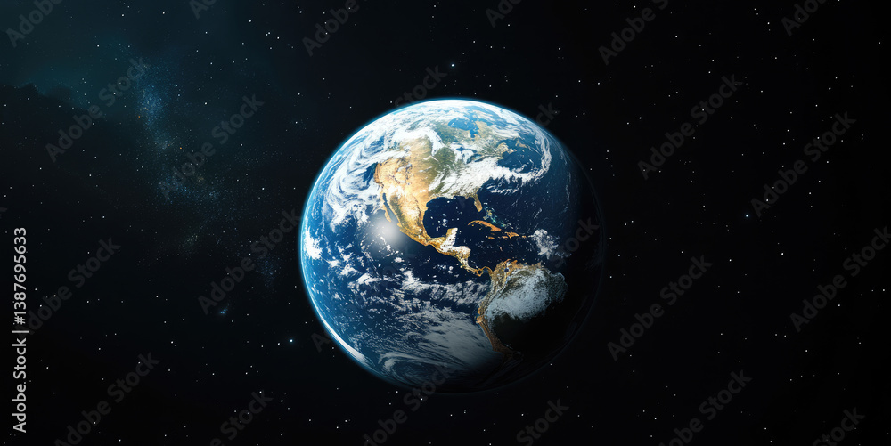 Obraz premium Panoramic view of planet Earth from space, showcasing stars, glowing city lights, and light clouds, with a vast cosmic backdrop