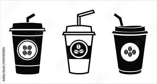 Black coffee cup vector icons. Coffee cups silhouettes vector art. Set of coffee mug vector designs. Vector coffee cups with straws and lids design