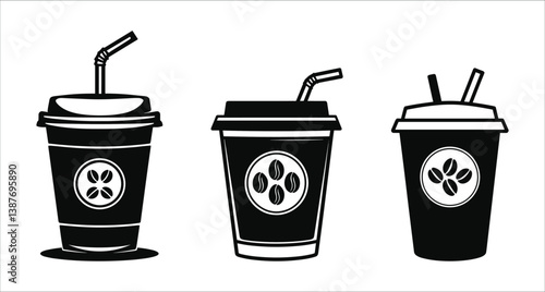 Black coffee cup vector icons. Coffee cups silhouettes vector art. Set of coffee mug vector designs. Vector coffee cups with straws and lids design