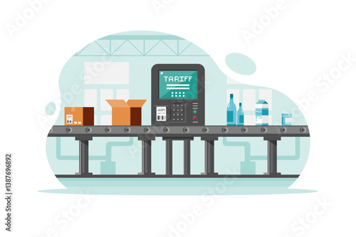Automated tariff calculation system for goods on a conveyor belt in a warehouse or customs facility, Vector illustration.