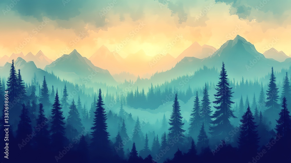 Obraz premium Forest landscape with mountains at sunset provides calm and peaceful scenery
