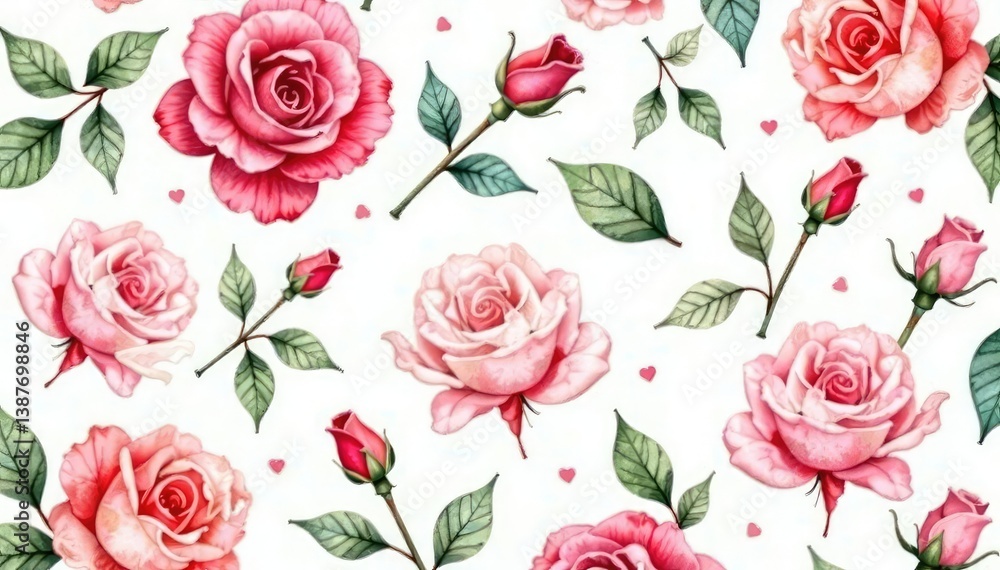 Fototapeta premium Delicate watercolor roses & leaves, repeating pattern, seamless, seamless pattern, summer