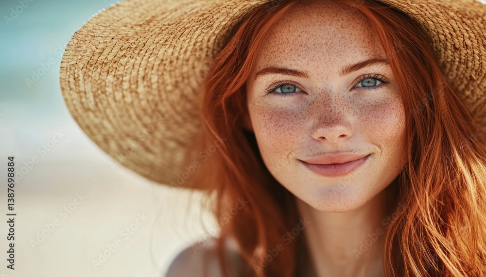 Happy Mature Woman At The Beach In A Portrait Wearing A Straw Hat And Smiling With Red Hair And Freckles. Happy Mature Woman At The Beach In A Portrait Wearing A Straw Hat And Smiling With Red Hair And Freckles.