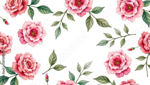 Delicate watercolor roses & leaves, repeating pattern, watercolor, pink