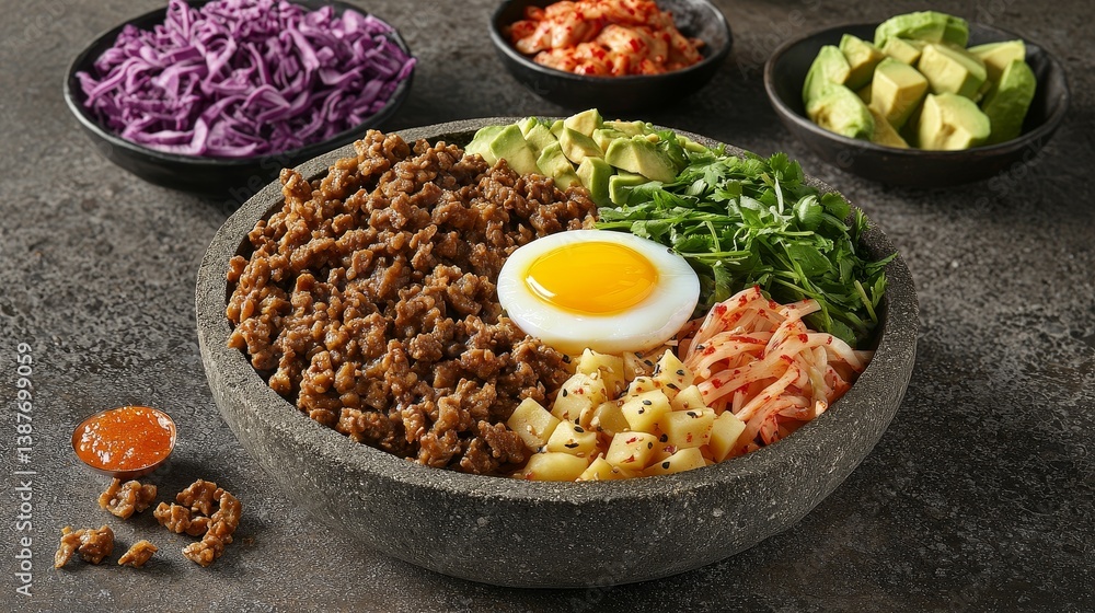 Vibrant Korean Bibimbap with Fresh Ingredients and Egg in Stone Bowl Vibrant Korean Bibimbap with Fresh Ingredients and Egg in Stone Bowl