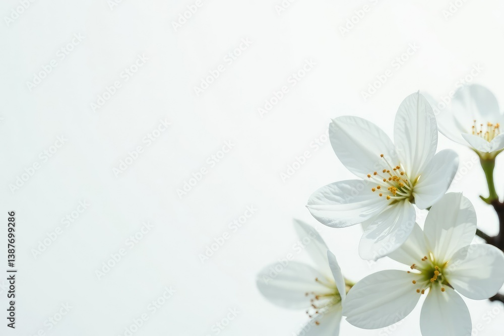 Delicate white blossoms against pure white backdrop, gentle, peaceful Delicate white blossoms against pure white backdrop, gentle, peaceful