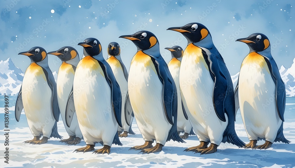 Fototapeta premium A group of penguins standing on ice, with a snowy background. Watercolor painting 