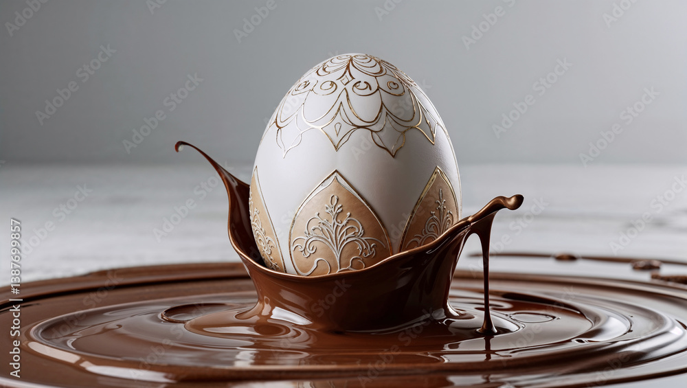 Uovo di Pasqua bianco e decorato immerso nella cioccolata liquida