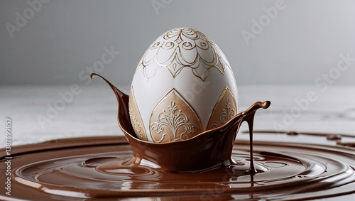 Obraz na płótnie Uovo di Pasqua bianco e decorato immerso nella cioccolata liquida w salonie