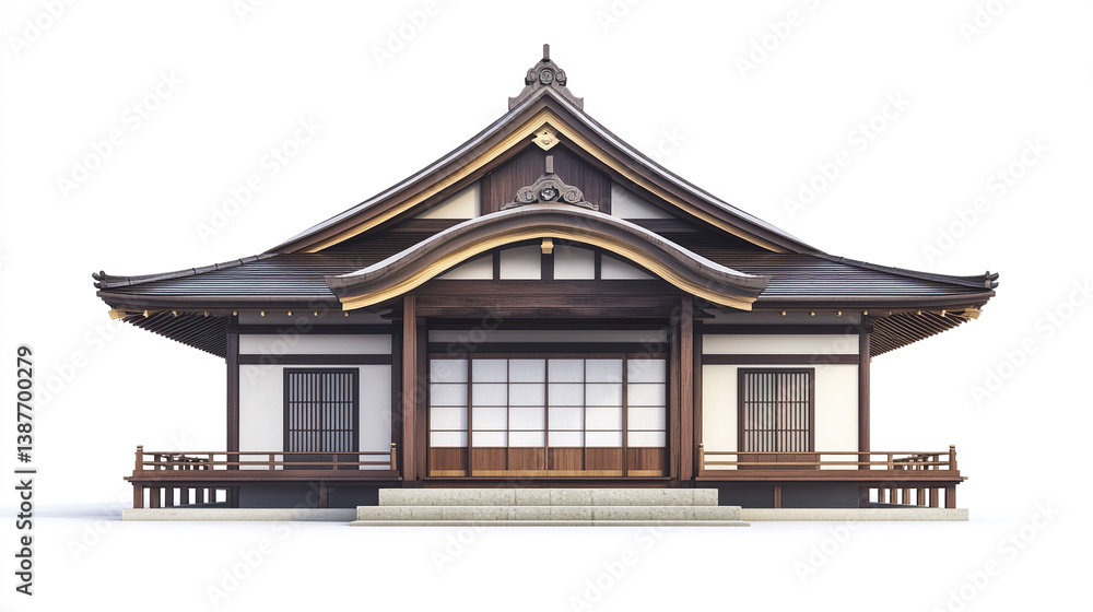 Obraz premium Traditional Japanese house with wooden architecture and curved roof