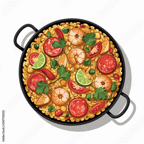 Jambalaya Illustration with Shrimp, Sausage, and Rice in Skillet