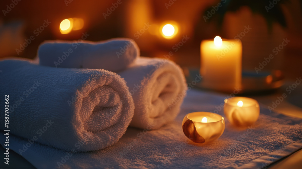 Spa relaxation wellness concept with towels and candles for aromatherapy and massage therapy treatment Spa relaxation wellness concept with towels and candles for aromatherapy and massage therapy treatment