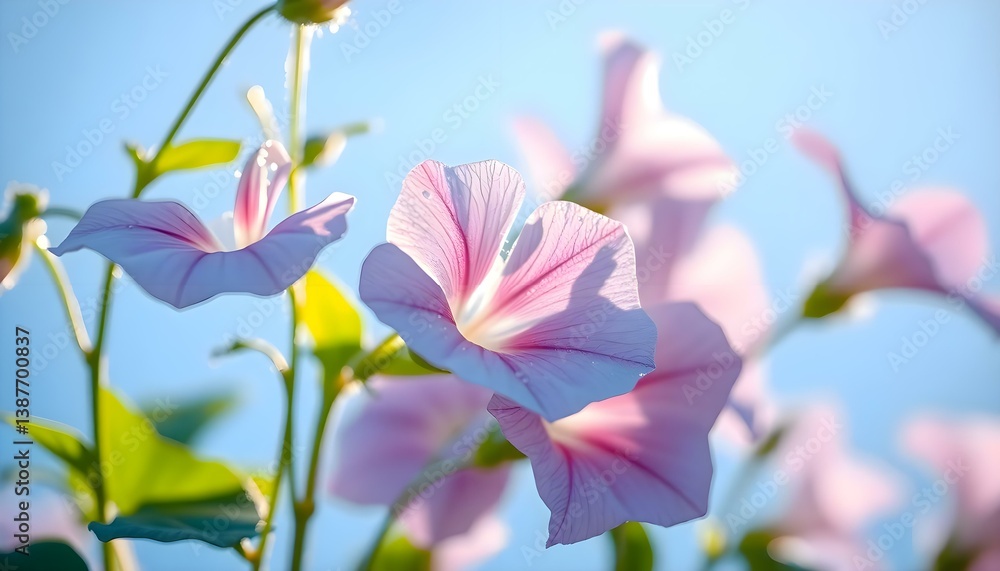 Fototapeta premium group of pink flowers with green leaves