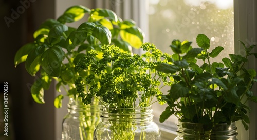 Fresh Basil Parsley and Mint Herbs Growing in Jars on Windowsill